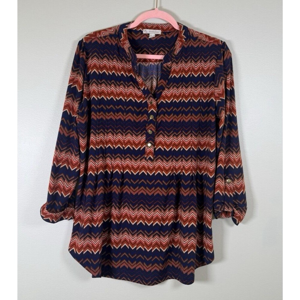 Womens Dress Barn Blue/Orange Chevron Split Neck Button Front Tunic Blouse L